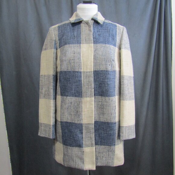 J McLaughlin Cream Blue Gingham Plaid Long Jacket Coat Womens Size S Statement - Picture 9 of 9